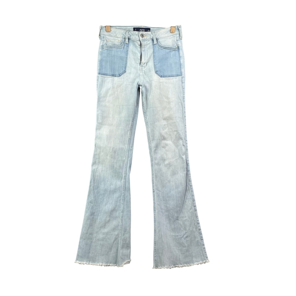 Hollister Flare Jeans Women 7 W28 Light Blue Patch Pocket High Rise Raw Hem